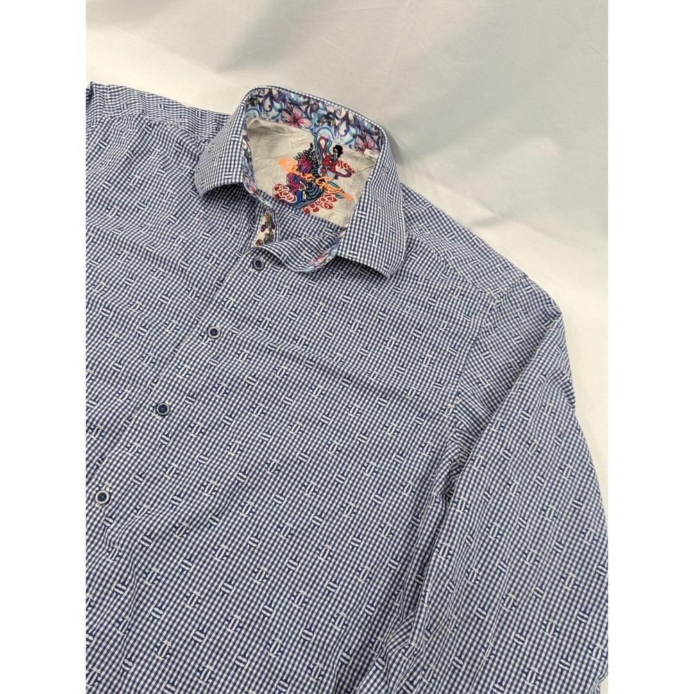 Robert Graham Shirt Men L Blue Plaid Button Down Classic Fit Flip Cuff Floral